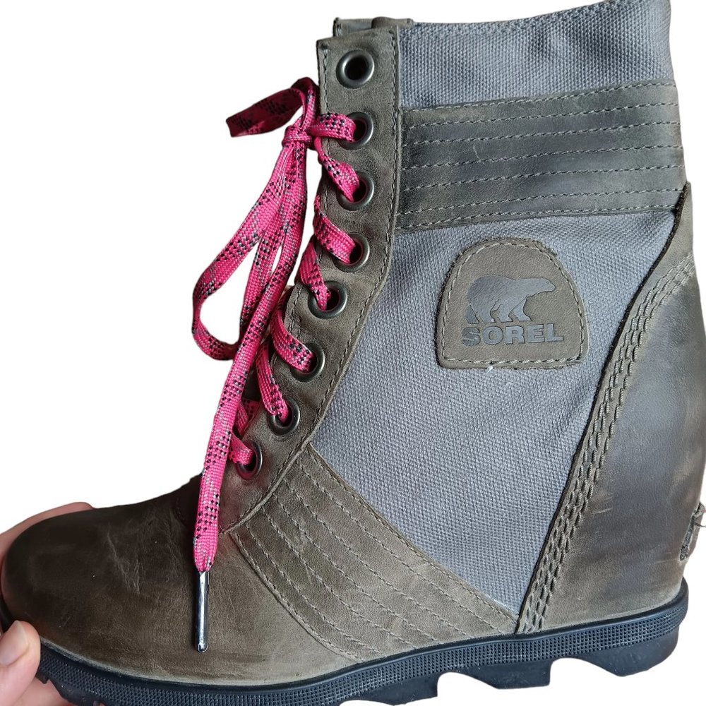 SOREL Lexie PDX Gray brown Leather canvas Wedge Lace up Ankle Booties sz 8